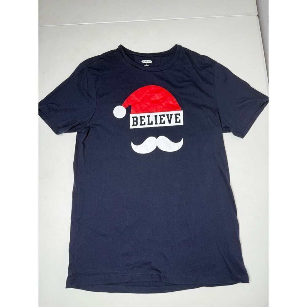 Old Navy Believe Santa Hat Christmas Holiday Graphic T-Shirt Women's Navy Size M